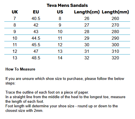 2025 Teva Mens Sandals 0 Size Chart